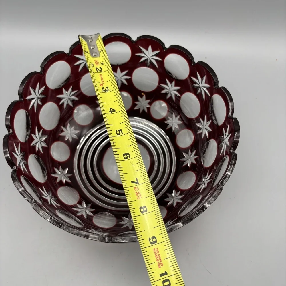 Vintage Bohemian Hand Cut Crystal Glass Ruby to‎ Clear bowl SIGNED 8.75